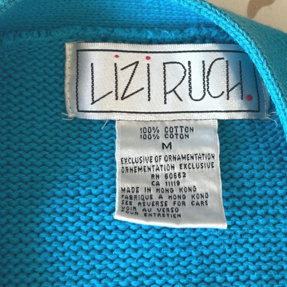 Lizi Ruch Vintage Tennis Sweater Vest Turquoise Blue Cotton Knit Cardigan Medium - Picture 4 of 10